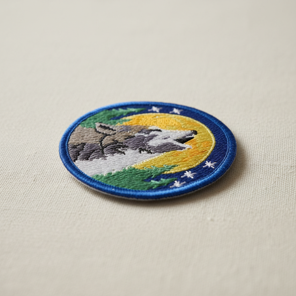 Create a highly detailed, cinematic image of a wolf sew-on patch, size 3 inches, displayed on a neutral textured fabric background for an online product showcase. The scene is lit with a softbox light to produce evenly diffused daylight illumination, highl