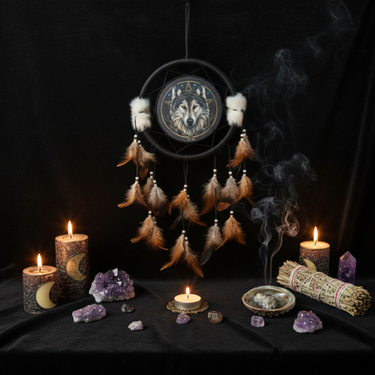 Design a wide-angle, studio-lit scene showcasing the 'Wolf dream catcher 13''', hanging elegantly in a sacred space decorated with moonlit candles, crystals, and incense. The image features a low camera angle shot with a 35mm lens, capturing the dream catc