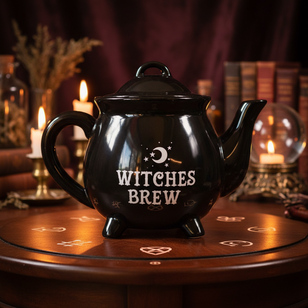 Capture a close-up shot of the Witches Brew Tea Pot, positioned centrally on an elegant, dark wooden table with subtle mystical symbols etched into the surface. Use softbox lighting to create gentle, even illumination that highlights the intricate bewitchi