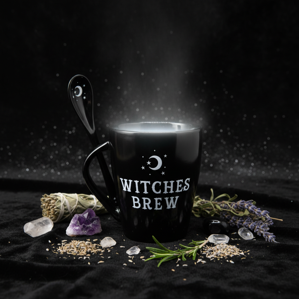 Create a mystical, high-contrast studio scene featuring the Witches Brew Mug and Spoon Set positioned centrally on a dark, velvety textured surface, illuminated by soft, HDR studio lighting. Use a wide-angle lens with a focal length of 35mm to capture a sl