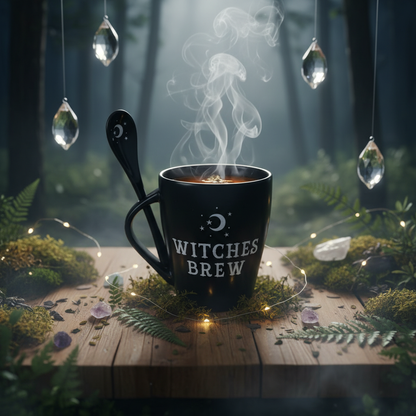 Design a cozy, enchanted ritual setting in a softly lit, outdoor environment during twilight. Position the Witches Brew Mug and Spoon Set on a natural wooden table, surrounded by enchanted forest elements like moss, twinkling fairy lights, and hanging crys