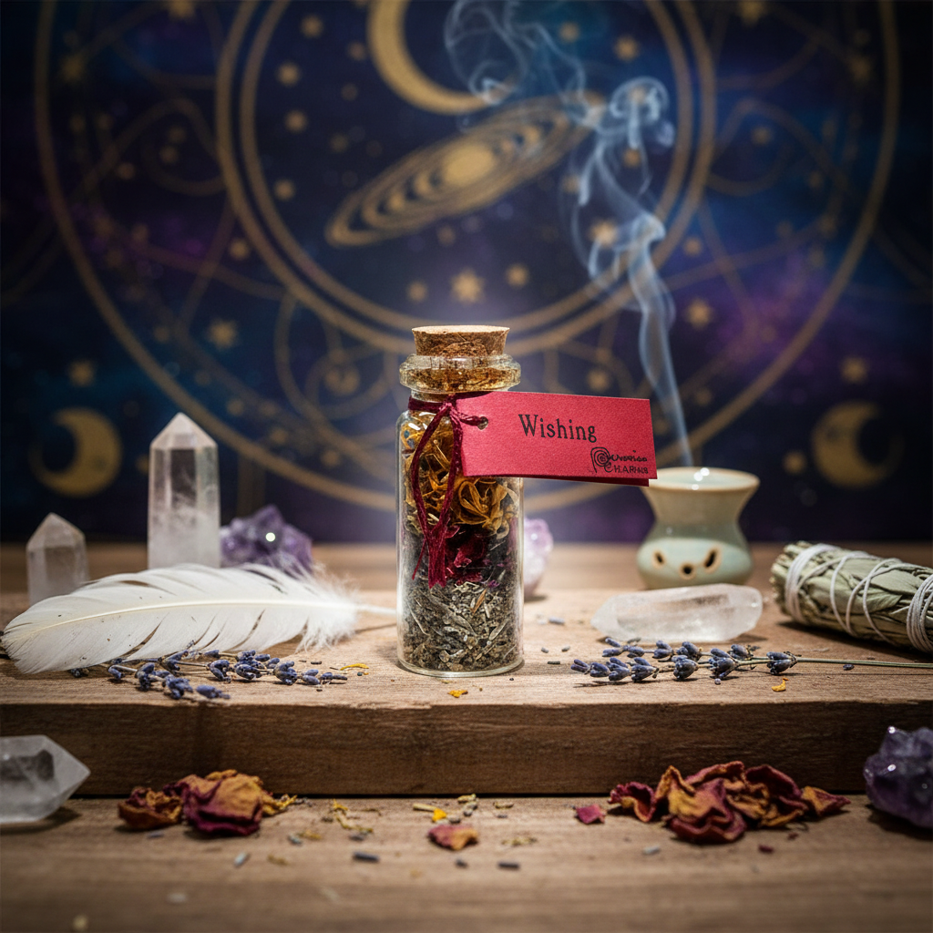 Generate a lush, cinematic lifestyle scene featuring the 'Wishing pocket spellbottle' nestled within a serene, sacred altar setup. Use HDR studio lighting to create a bright, almost ethereal glow that highlights the mystic qualities of the glass and herbal