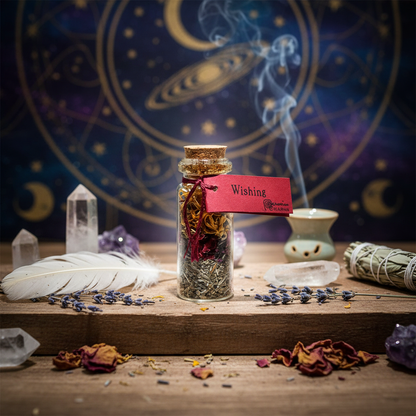 Generate a lush, cinematic lifestyle scene featuring the 'Wishing pocket spellbottle' nestled within a serene, sacred altar setup. Use HDR studio lighting to create a bright, almost ethereal glow that highlights the mystic qualities of the glass and herbal