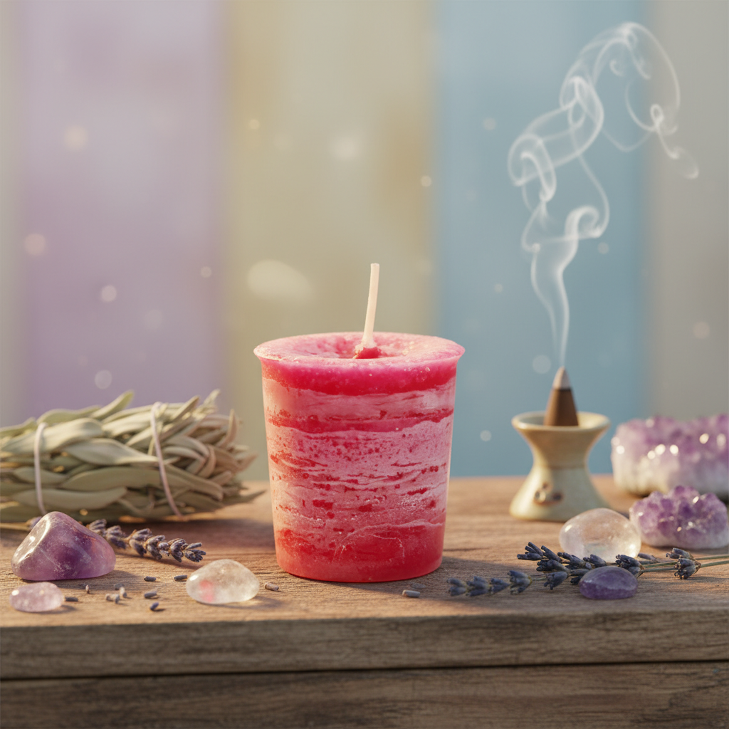 Create a vivid, cinematic studio scene showcasing the Wisdom Herbal votive candle in an enlightened meditation space. Position the candle in the center, atop a rustic wooden altar adorned with natural elements such as dried herbs, crystals, and a small inc