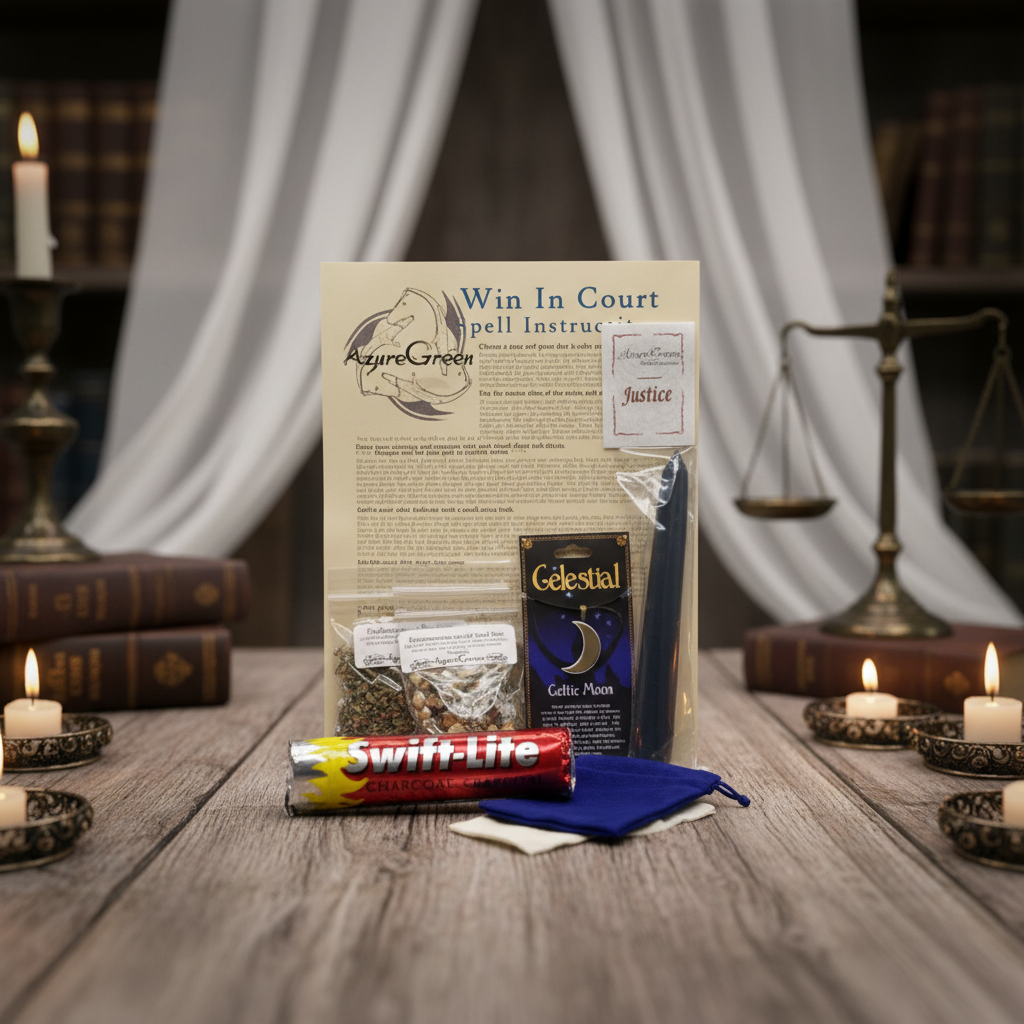 Photograph the 'Win In Court Ritual Kit' in a serene, softly lit sacred space arranged on a rustic wooden altar with ambient candlelight. Use HDR studio lighting to evenly illuminate each component, revealing intricate textures such as rough salt, smooth s