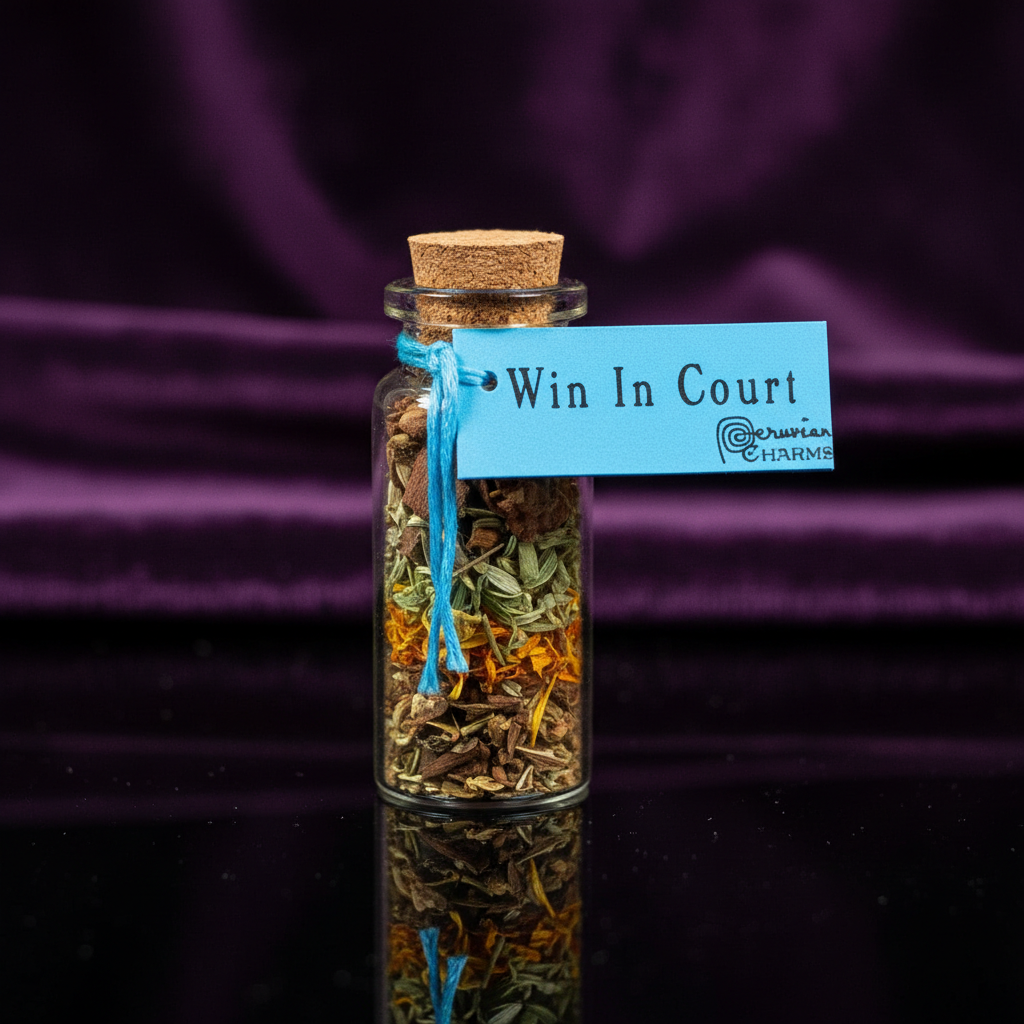 Capture a high-resolution studio macro shot of the 'Win in Court pocket spellbottle', emphasizing its intricate design and sealed glass container. Use HDR studio lighting with softbox diffusers to create a bright, even illumination that enhances the clarit