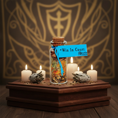 Set the 'Win in Court pocket spellbottle' in an elegant, softly lit ritual space designed for spiritual work. Position the bottle at the center of a richly textured, deep wooden altar adorned with scattered white sage and small candles casting gentle flick