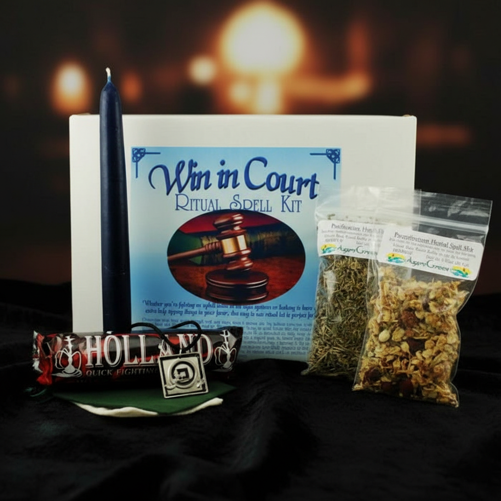 A highly detailed, cinematic studio shot of the 'Win In Court Boxed Ritual Kit' placed on a sleek, dark velvet surface under softbox lighting, emphasizing its intricate symbols and packaging. The camera angle is a close-up macro shot with a 100mm focal len