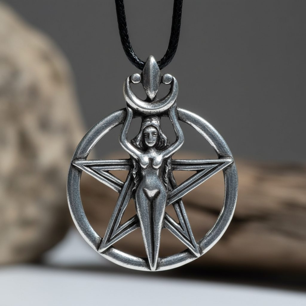 Create a highly detailed, cinematic studio shot of the 'Wicca New Beginnings amulet', emphasizing its pewter material with a soft, diffused daylight key light to bring out the intricate details of the silver-toned surface. Capture the amulet hanging from a