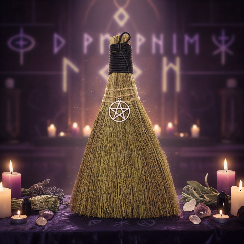 Create a cinematic studio shot of the 9-foot Wicca Broom with Pentagram starring as the central mystical tool in an enchanting, softly lit ritual space. Use a high-resolution DSLR camera captured from a slightly elevated angle with a 24mm focal length to e