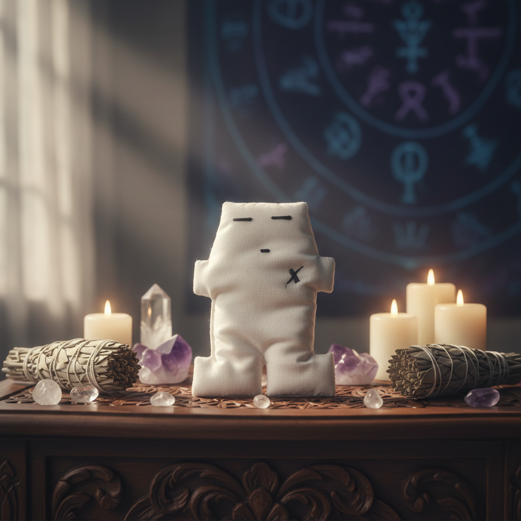 Craft a cinematic, lifestyle scene with the white voodoo doll placed on an ornate wooden altar adorned with crystals, candles, and sage bundles in a softly lit, mystical indoor environment. Use a 35mm lens for a natural, slightly wide perspective, with HDR
