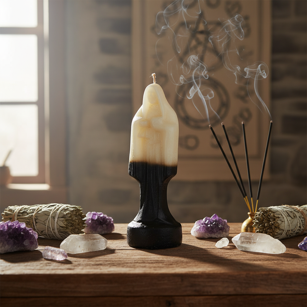 A cinematic lifestyle setting depicting the Holy Death Candle placed on an altar or ritual table, surrounded by mystical elements such as sage bundles, crystals, and incense. The scene uses diffused daylight balanced with rim lighting to create a warm, inv