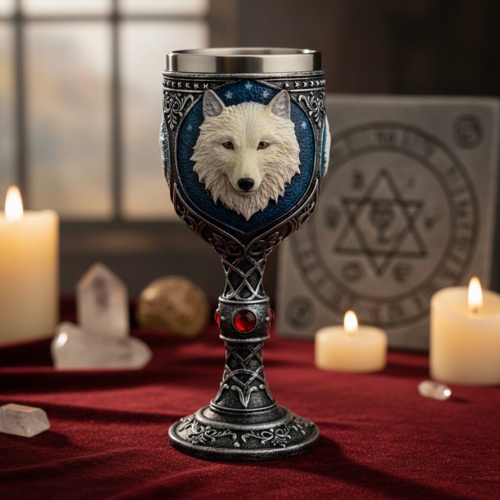 Capture a majestic White Wolf Chalice, 7 1/2 inches tall, set against a mystical ceremonial backdrop illuminated by softbox lighting to emphasize its intricate hand-painted white wolf design on cold cast resin. The scene is composed with a close-up shot us