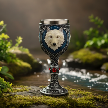 Depict the White Wolf Chalice, 7 ½ inches in height, placed within a serene, nature-inspired setting designed for meditation or ritual work. Utilize HDR studio lighting to enhance its polished surface and handcrafted details, with a wide-angle shot from a 