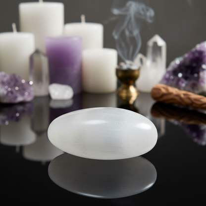 A highly detailed, studio-quality image of a 2-foot white selenite oval, captured with a macro lens at a close-up angle, emphasizing its smooth, polished surface and subtle natural striations, under softbox lighting that highlights its translucent qualitie