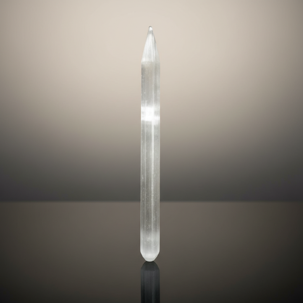 Create a stunning, cinematic studio shot of a white selenite wand, positioned vertically on a glossy black reflective surface that emphasizes its luminous, translucent qualities. The scene is illuminated with softbox lighting to create a gentle, even glow 
