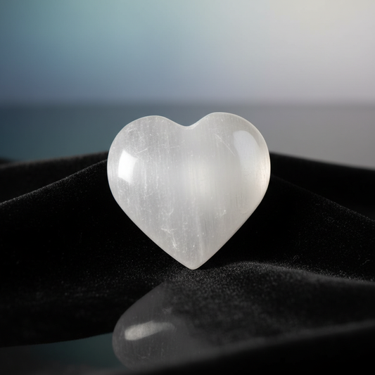 A close-up shot of a white selenite heart stone measuring 1 1/4' to 2' in a serene, studio environment. The stone is illuminated by soft diffused daylight from a large north-facing window, highlighting its translucent, silky texture and subtle natural stri
