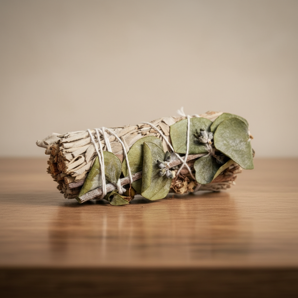 A highly detailed, cinematic studio shot of a 4-inch white sage, lavender, and eucalyptus smudge stick, expertly arranged on a sleek, natural wooden surface. The scene is illuminated with softbox lighting that highlights the earthy textures of the herb bun