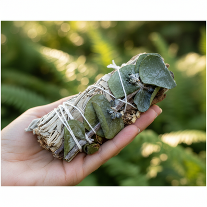 A vibrant, lifestyle-inspired image capturing the smudge stick in a serene, natural setting. The white sage, lavender, and eucalyptus bundle is held gently in a person's hand, set against a softly blurred outdoor background of lush greenery and natural lig
