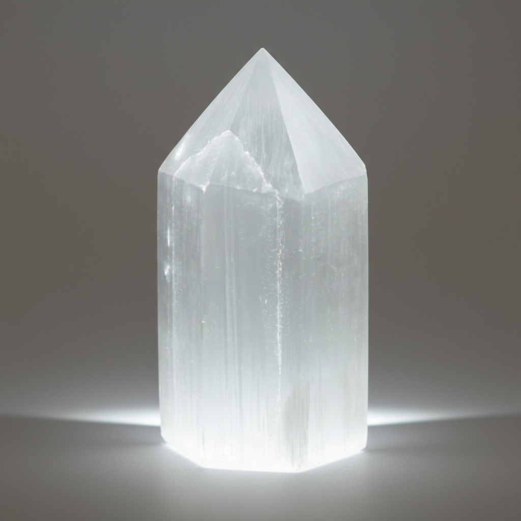 A highly detailed studio shot of a white selenite generator garnished with a delicate, shimmering diffuser box of soft, diffused daylight. The scene is set in a clean, minimalistic environment with a neutral, matte background. The selenite's natural salt-l