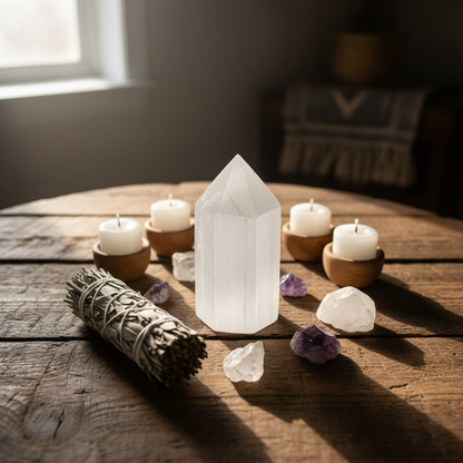 A cinematic lifestyle scene featuring the white selenite generator placed on a rustic wooden altar with natural elements like sage, crystals, and candles in soft, warm LED lighting. The camera captures an overhead shot with a 24mm wide-angle lens, focusing
