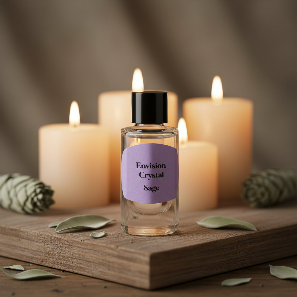 Create a highly detailed, studio-grade image of a small, elegant bottle of White Sage Oil labeled '2 Dram' from Envision Crystals, placed prominently on a rustic wooden altar adorned with subtle white sage leaves and soft lit candles. Use HDR studio lighti