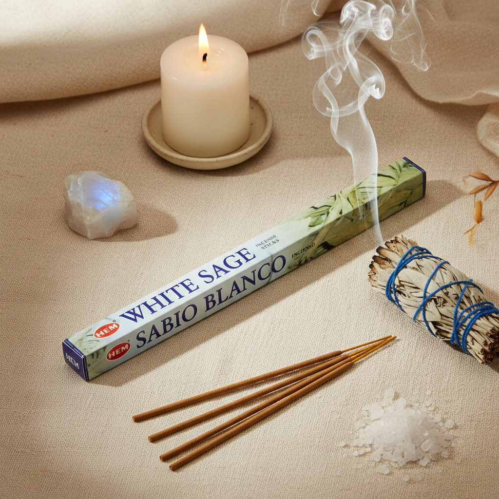 Capture a high-resolution, studio-grade shot of a pristine white sage HEM stick set of 20, arranged artfully on a textured, neutral-toned cloth backdrop to emphasize purity and ritual use. Use softbox lighting to create gentle, even illumination, with a su