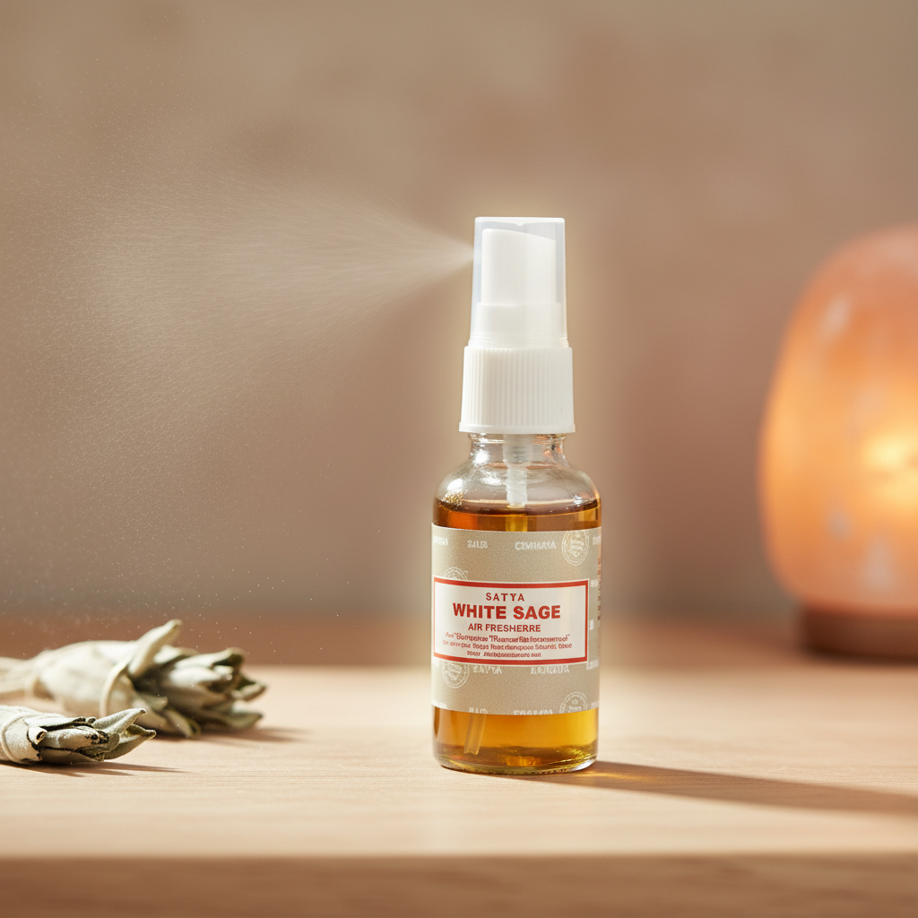Create a highly detailed, studio-quality image of the White Sage Air Freshener in a modern, minimalist setting. The scene features a sleek 30ml glass spray bottle with a subtle, elegant design, captured using HDR studio lighting with softbox effects to enh
