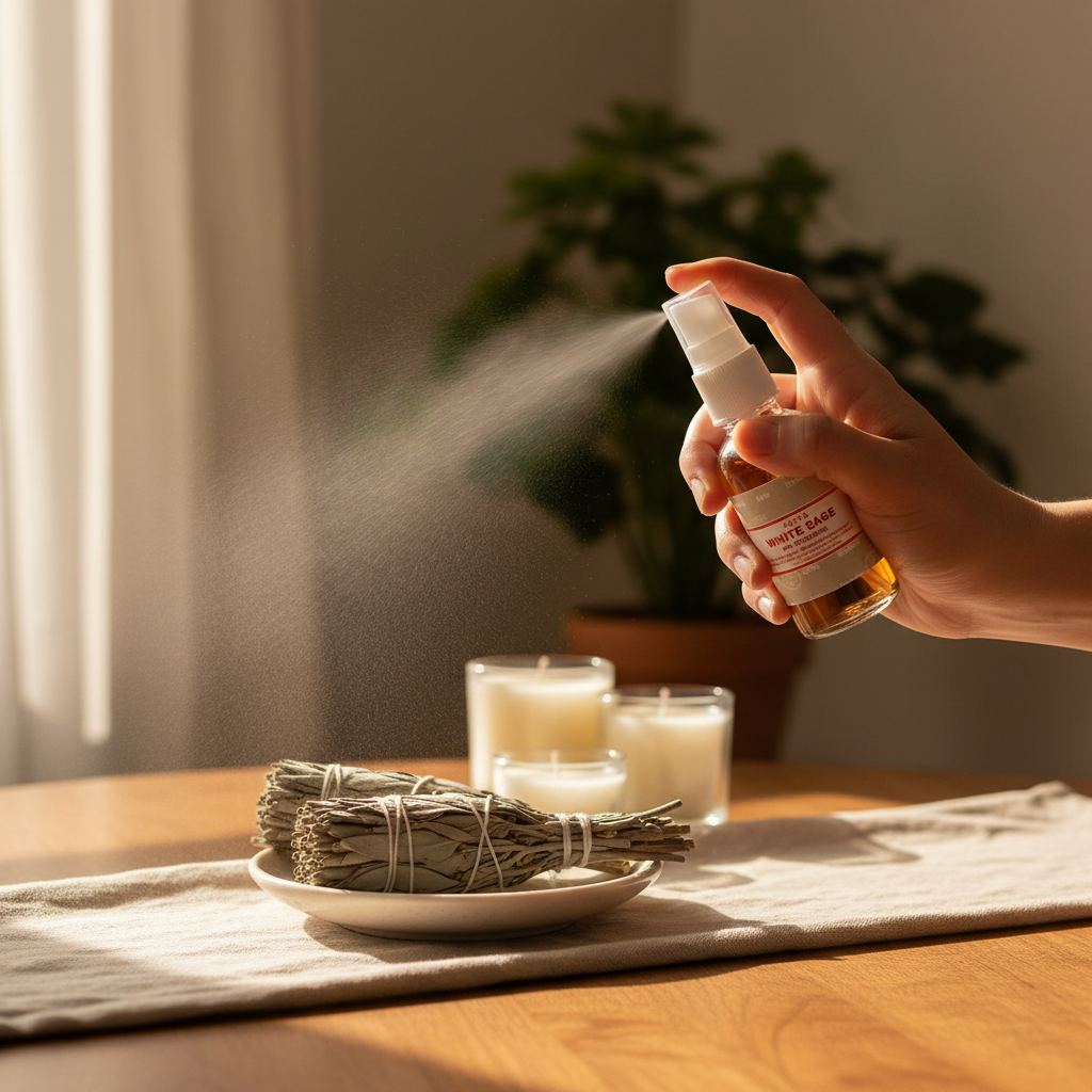 Design a vibrant, lifestyle-oriented image showcasing the White Sage Air Freshener in a peaceful home or spiritual practice setting. The scene is well-lit with diffused daylight, simulating natural sunlight streaming through a window, to evoke freshness an