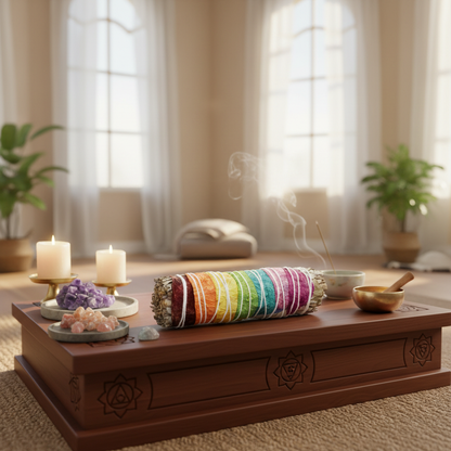 Generate a vivid lifestyle scene featuring a 4' White Sage 7 Chakra Stick displayed in a serene meditation space. The sage is resting horizontally on a smooth, wooden altar with subtle decorative accents, bathed in warm, diffused daylight from large, ambie