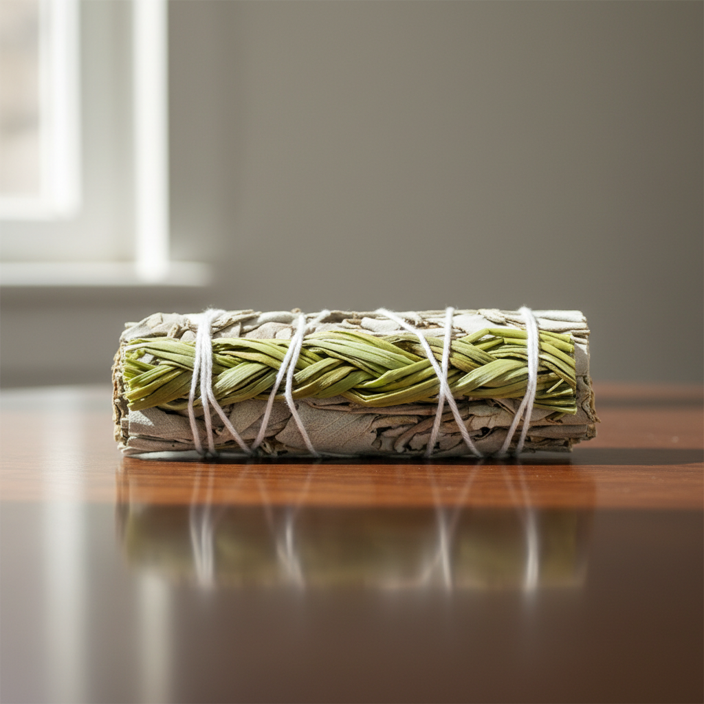 Capture a serene studio scene featuring a 4-inch White Sage & Sweetgrass Smudge Stick delicately balanced on a polished wooden surface. Soft, diffused daylight filters through a nearby window, illuminating the natural textures of the white sage leaves and 