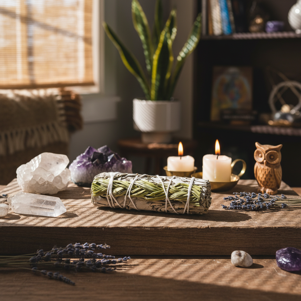 Construct a warm, inviting lifestyle setting with the 4-inch White Sage & Sweetgrass Smudge Stick resting against a rustic altar adorned with crystals, candles, and natural elements. Natural sunlight streams through a textured window blind, casting gentle 