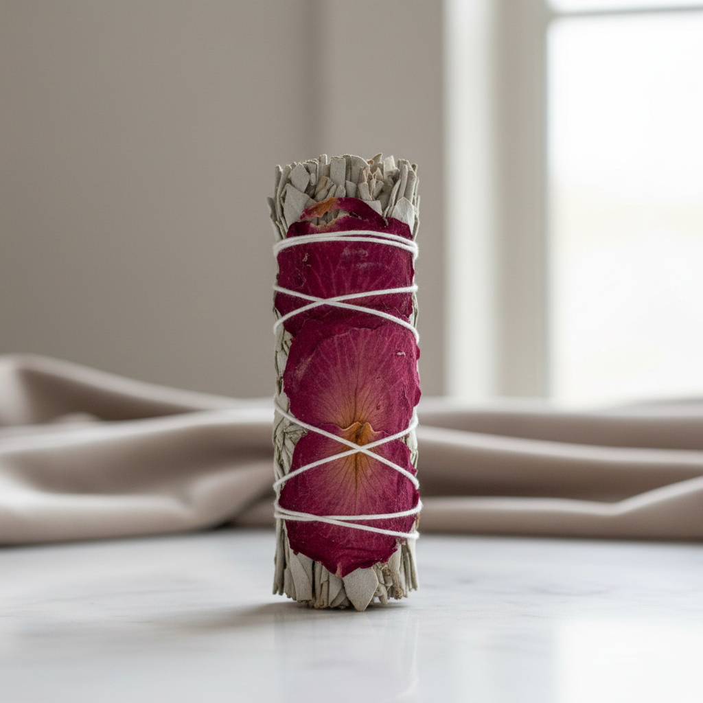 Capture a close-up, high-resolution shot of the White Sage & Rose Petal Smudge Stick, positioned upright against a softly blurred, neutral-toned velvet cloth backdrop. Use professional HDR studio lighting with a softbox to highlight the natural texture of 