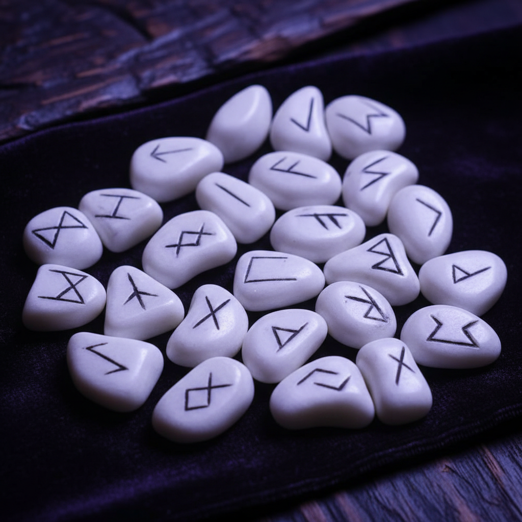 Create a highly detailed, cinematic image of the White Resin Rune Set by Lo Scarabeo, arranged neatly on a dark velvet cloth within a professional studio setting. Use softbox lighting to produce a soft, even glow that highlights the smooth, polished textur
