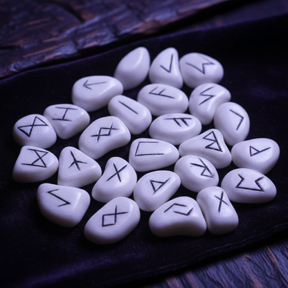 Create a highly detailed, cinematic image of the White Resin Rune Set by Lo Scarabeo, arranged neatly on a dark velvet cloth within a professional studio setting. Use softbox lighting to produce a soft, even glow that highlights the smooth, polished textur