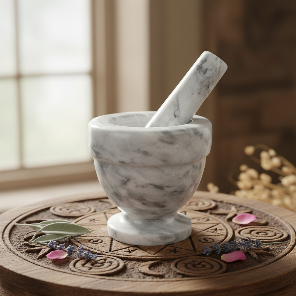 Capture a close-up, ultra-high resolution image of a white marble mortar and pestle set, 4 inches, positioned on an intricately carved wooden altar. Set the scene with soft, diffused daylight from a large window, emphasizing the smooth, polished surface of