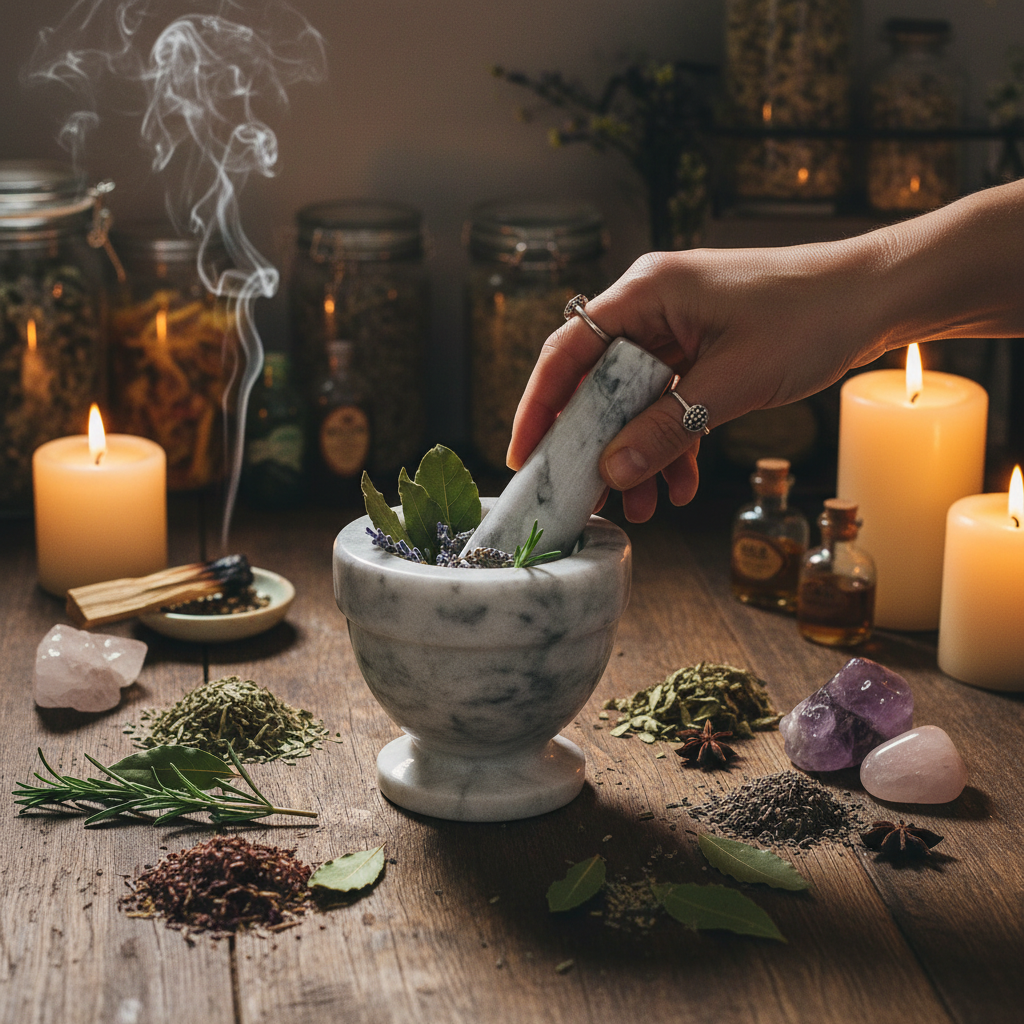 Create a styled lifestyle shot of the white marble mortar and pestle set, 4 inches, in a kitchen scene designed for mystics and herbalists. Place the set on a rustic, dark wooden countertop with ambient, warm studio lighting creating soft shadows and empha