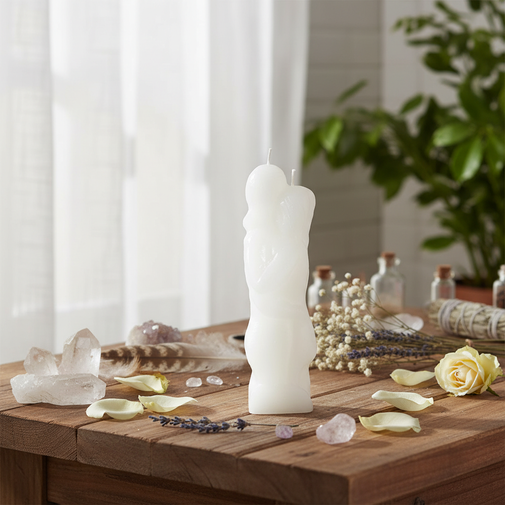 A atmospheric, lifestyle-inspired composition showing the White Lover Candle placed on a rustic wooden altar adorned with crystals, feathers, and floral elements, suggesting a spiritual ritual setting. The scene is lit with diffused daylight coming through
