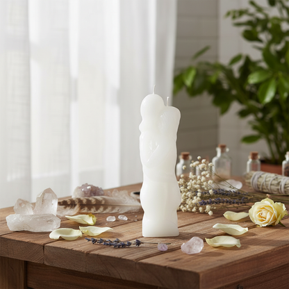 A atmospheric, lifestyle-inspired composition showing the White Lover Candle placed on a rustic wooden altar adorned with crystals, feathers, and floral elements, suggesting a spiritual ritual setting. The scene is lit with diffused daylight coming through