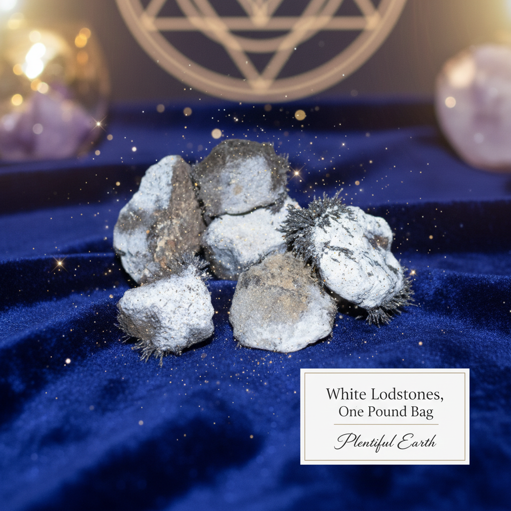 Create a serene, metaphysical scene featuring a neatly arranged collection of white lodestones on a velvet cloth inside a softly lit, elegant studio environment. Utilize softbox lighting to cast a gentle glow, enhancing the stones' smooth, polished surface