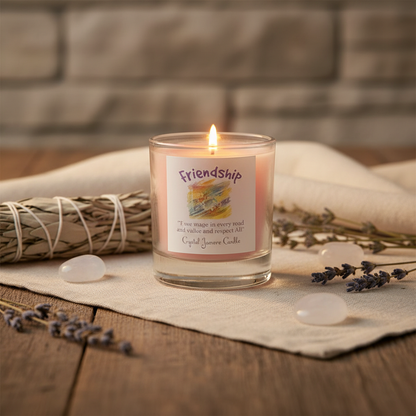 Create a cinematic studio scene showcasing the 'Friendship soy votive candle' in a tranquil, sacred space. The candle is housed in a clear, smooth glass votive holder, filled with herbal-scented wax, subtly translucent, allowing a gentle glow to emanate th