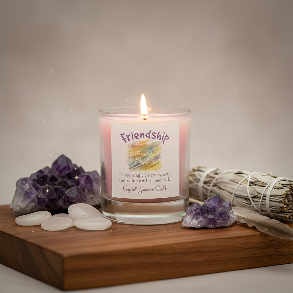 Create a beautifully styled lifestyle setup captured in a soft-focus, high dynamic range (HDR) studio shot. The 'Friendship soy votive candle' is the centerpiece placed atop a polished wooden altar with natural elements like moon petals, amethyst crystals,