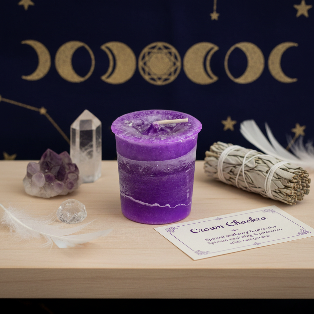 Generate a studio scene depicting a Crown Chakra votive candle placed on a minimalist altar table during a clear night. Use diffused daylight studio lighting to emphasize the vibrant colors of the candle and the reflective qualities of its material. Positi