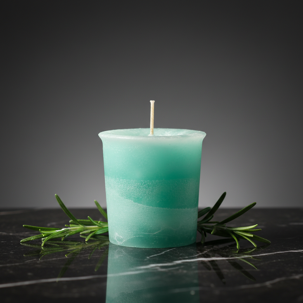 Capture a close-up, ultra-high-resolution shot of the Rosemary Votive Candle in a professional studio environment, illuminated by softbox lighting to enhance its handcrafted details and textured wax surface. The candle is positioned centrally on a reflecti
