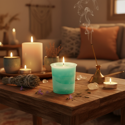 Set in a warm, inviting living space with a cozy, bohemian aesthetic, this detailed product shot features the Rosemary Votive Candle placed on a rustic wooden table, surrounded by softly lit candles, sage bundles, and ritual objects, creating an intimate r