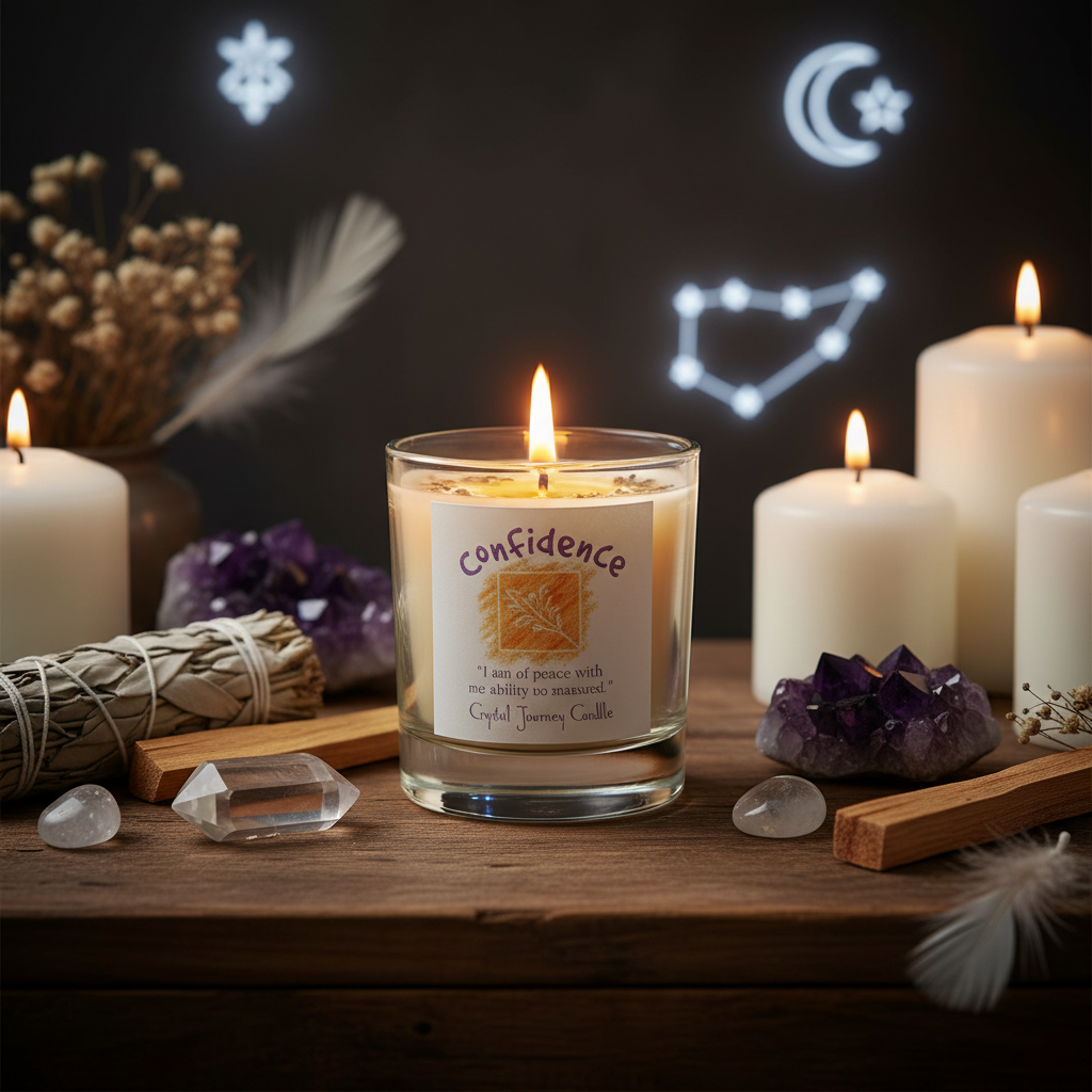 A serene, sacred space scene featuring the 'Confidence soy votive candle' placed on a natural wooden altar surrounded by crystals, sage, and moonlit candles, creating an atmosphere rich with spiritual intent. The candle is lit, casting a gentle, flickering