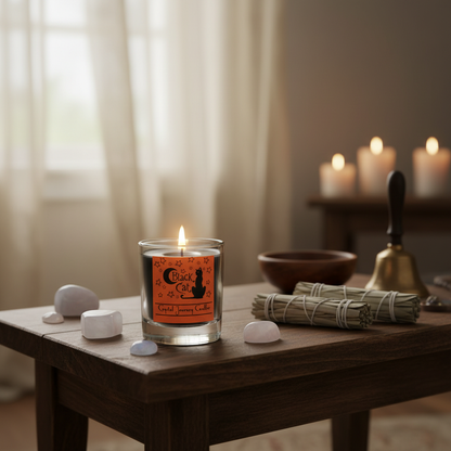 A mystical, lifestyle scene set in a cozy, softly lit meditation space featuring the Black Cat soy votive candle placed atop a rustic wooden altar decorated with moonstone crystals, sage bundles, and ritual objects. The candle holder’s smooth black ceramic