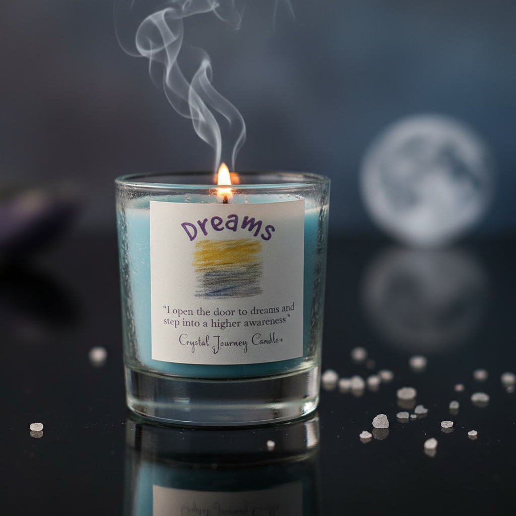 Capture a serene, intimate product scene featuring the 'Dreams soy votive candle' displayed on a sleek, reflective black surface that emphasizes its soft glow. Use a macro lens with a 50mm focal length, focusing sharply on the votive’s textured glass holde