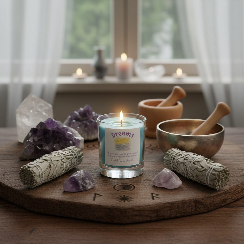Position the 'Dreams soy votive candle' in a warm, natural setting, placed on a rustic wooden altar surrounded by crystals, sage bundles, and ritual tools. Shot from a 60-degree angle using a 35mm lens with a shallow depth of field that softly blurs the ba