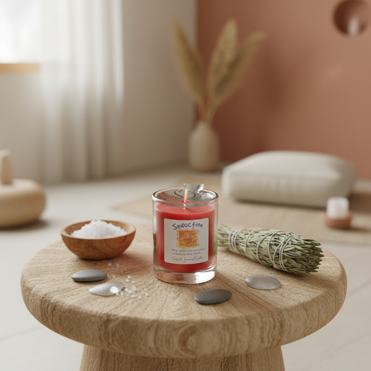 Construct a captivating, lifestyle-inspired scene of the Seduction soy votive candle, styled within a tranquil, sacred space for ritual or meditation. Use HDR studio lighting with diffused daylight for an even, calming glow. Position the candle on a textur
